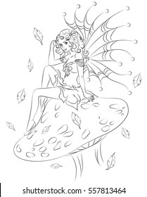 Coloring book    illustration  The little fairy sits mushroom  Vector illustration
