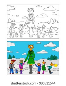 Coloring book illustration - mother fox and foxes kids on winter walk. Vector. Image to Mothers Day.