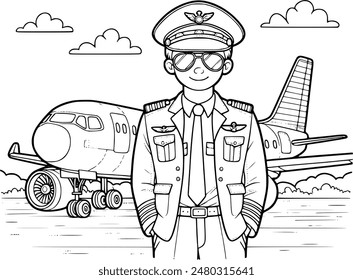 Ilustración para colorear de un piloto en uniforme, completo con gafas de sol de aviador y gorra, de pie con confianza al lado de un avión. Perfecto para niños que aprenden sobre diferentes profesiones