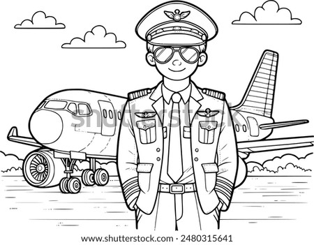 Coloring book illustration of a pilot in uniform, complete with aviator sunglasses and cap, standing confidently next to an airplane. Perfect for kids learning about different professions