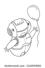 Kid’s coloring book illustration of robot chasing balloon.