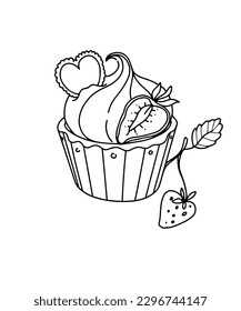 Coloring book with the image of a cake, sweetness. Contour art on a white background with fruit and cream. Festive pastries and desserts. Vector