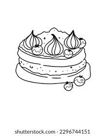Coloring book with the image of a cake, sweetness. Contour art on a white background with fruit and cream. Festive pastries and desserts. Vector