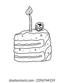 Coloring book with the image of a cake, sweetness. Contour art on a white background with fruit and cream. Festive pastries and desserts. Vector