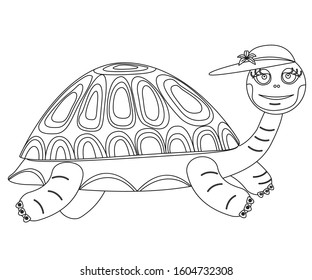Coloring book or coloring book the image of a funny turtle on a white background is isolated monochrome.Stock image for coloring