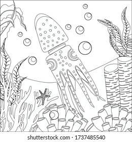 Libro de colorear con la imagen de un pulpo, pulpo en el estilo de zentangle. Dibujo de sketch a mano alzada antiestrés. Libro de colores para adultos.camarón 