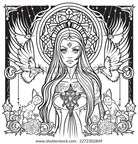 coloring book The image of a princess with a beautiful. Hand drawn princess zentangle and mandala style 