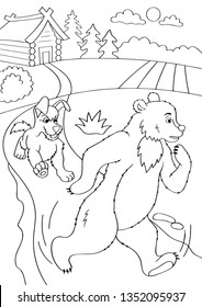 Coloring book isolated on white background. Tale about bear and his travelling. Dog runs