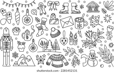 Coloring book items. Vector illustrations isolated on a white background. Christmas ornaments, decoration, floral elements. Sketch and doodle style