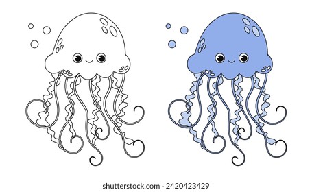 Coloring book jellyfish for kids. Cheerful character. Vector illustration. Cute cartoon style. Fantasy page for children. Black contour silhouette. Isolated on white background.