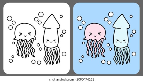 Coloring book a jellyfish and squid. Cartoon seaworld in vector illustration