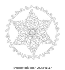 Coloring book Jewish star of David. Paisley and plant ornaments. Anti-stress therapy art. Hand drawn Vector illustration