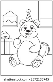 Coloring book jubilant panda cub celebrating a birthday with a party hat and a beach ball