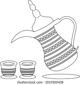 coloring book kettle with Emirati green coffee for holy month of Ramadan, arabic golden teapot with oriental ornament and cups, islamic design for muslims, illustration for web site