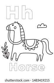 Coloring book, Kid coloring book (Horse), colorless alphabet for children: letter H