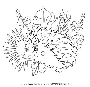 Coloring book for kidds isolated on white background. Floral line art with hedgehog