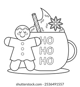 Coloring book for kids and adults, cup of hot chocolate and ginger cookies, cute vector style, Christmas, New Year, winter