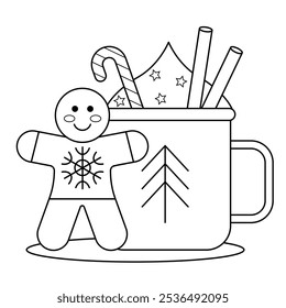 Coloring book for kids and adults, cup of hot chocolate and ginger cookies, cute vector style, Christmas, New Year, winter