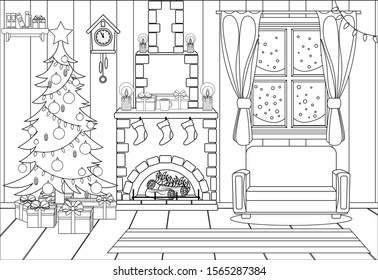 Coloring book for kids and adults in the form of a vector room prepared for the celebration of the new year and Christmas.