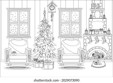 Coloring book for kids and adults in the form of a vector room prepared for the celebration of the new year and Christmas.