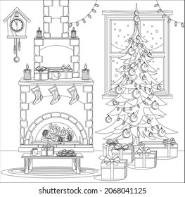 Coloring book for kids and adults in the form of a vector room prepared for the celebration of the new year and Christmas.