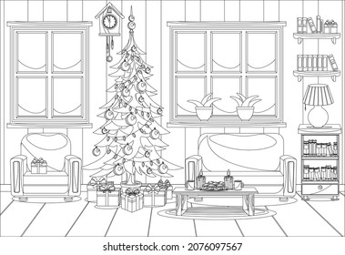 Coloring book for kids and adults in the form of a vector room prepared for the celebration of the new year and Christmas.