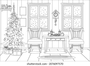 Coloring book for kids and adults in the form of a vector room prepared for the celebration of the new year and Christmas.