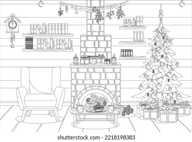 Coloring book for kids and adults in the form of a vector room prepared for the celebration of the new year and Christmas.