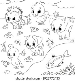 Coloring book for kids. Animal clipart. Cheerful characters. Vector illustration. Cute cartoon style. Black contour silhouette. Isolated on white background.