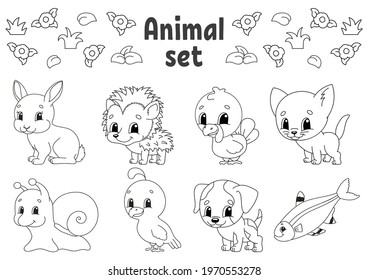 Coloring book for kids. Animal clipart. Cheerful characters. Vector illustration. Cute cartoon style. Black contour silhouette. Isolated on white background.