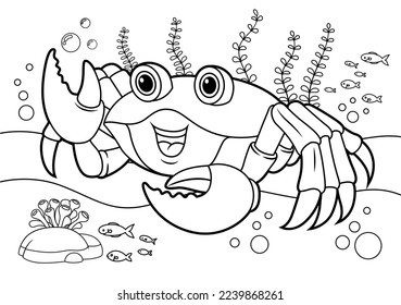 coloring book for kids, animals cartoons, undersea, underwater coloring book, ocean animals for coloring, cartoon coloring, and Outline vector illustration for children. Cute cartoon characters, crab 