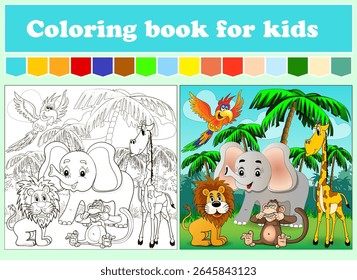 Livro de colorir para crianças. Animais no prado. Planilha de educação. Enigma para pré-escolares. Ilustração isolada de vetor. Estilo de desenho animado.