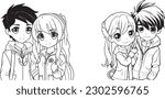 coloring book for kids, anime character, cute lovely couple, boy girl love, 100% editable colorable