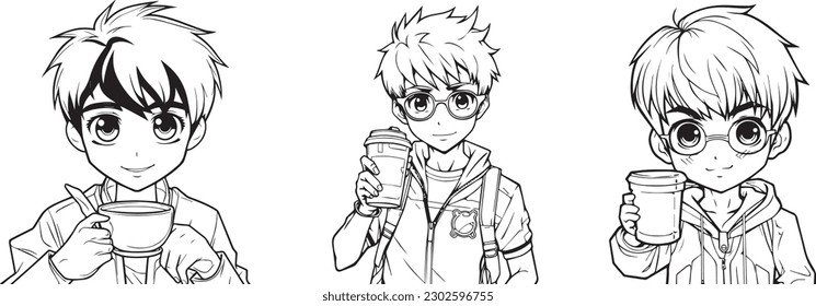 coloring book for kids, anime character, boy having drink, 100% editable colorable