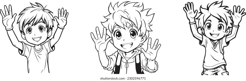 coloring book for kids, anime character, boy raising hands, 100% editable colorable