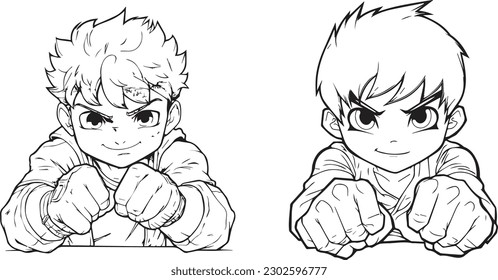 coloring book for kids, anime character, tough boys posing, 100% editable colorable