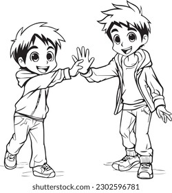 coloring book for kids, anime character, friends giving high five, 100% editable colorable