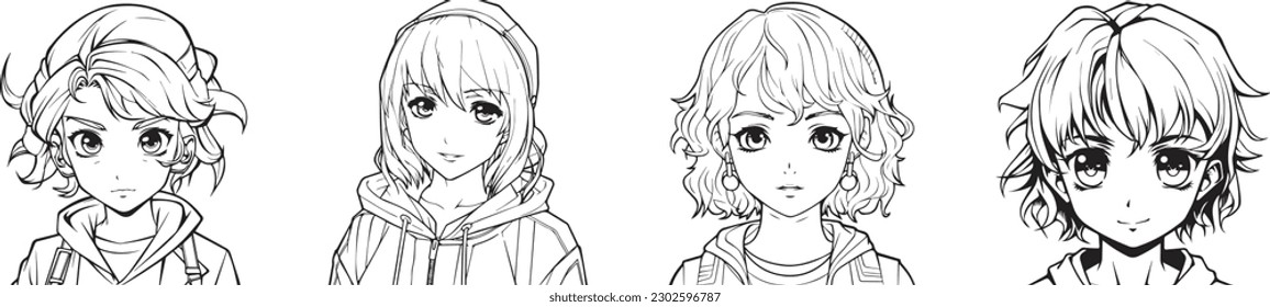 coloring book for kids, anime character, cute girl face vector illustration art, 100% editable colorable