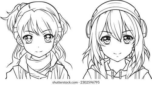 coloring book for kids, anime character, innocent cute girl, 100% editable colorable