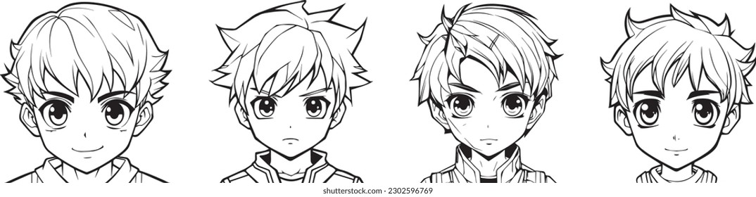 coloring book for kids, anime characters, boy face illustration, 100% editable colorable