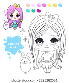 Coloring book for kids. Anime girl with bunny.