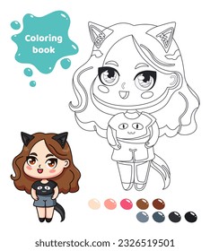 Coloring book for kids. Anime girl with cat ears.