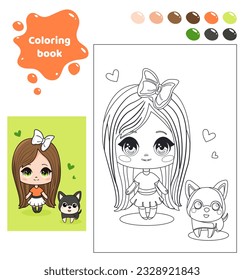 Coloring book for kids. Anime girl with puppy.