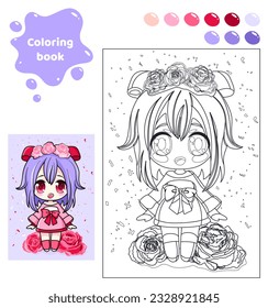 Coloring book for kids. Anime girl with roses.