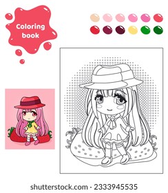 Coloring book for kids. Anime girl in a hat.