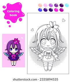 Coloring book for kids. Anime girl with wings.