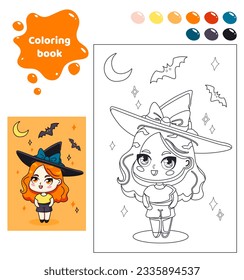 Coloring book for kids. Anime girl with hat and bats.