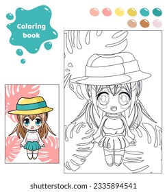 Coloring book for kids. Anime girl in a hat.