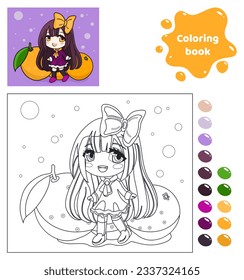 Coloring book for kids. Anime girl with oranges.