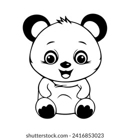 Libro de colores para los niños, oso panda bebé aislado en fondo blanco, cara bonita, estilo de caricatura. Ilustración vectorial de contorno en blanco y negro. Plantilla, impresión para guardería, diseño de afiches para niños